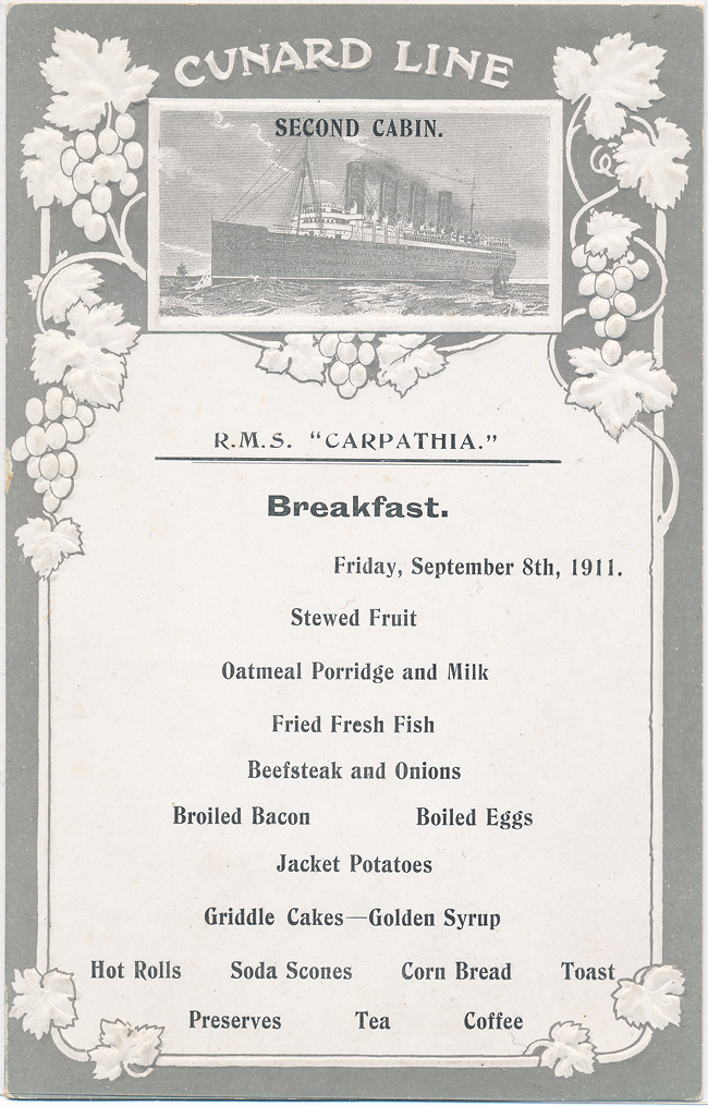 Menu RMS Carpathia